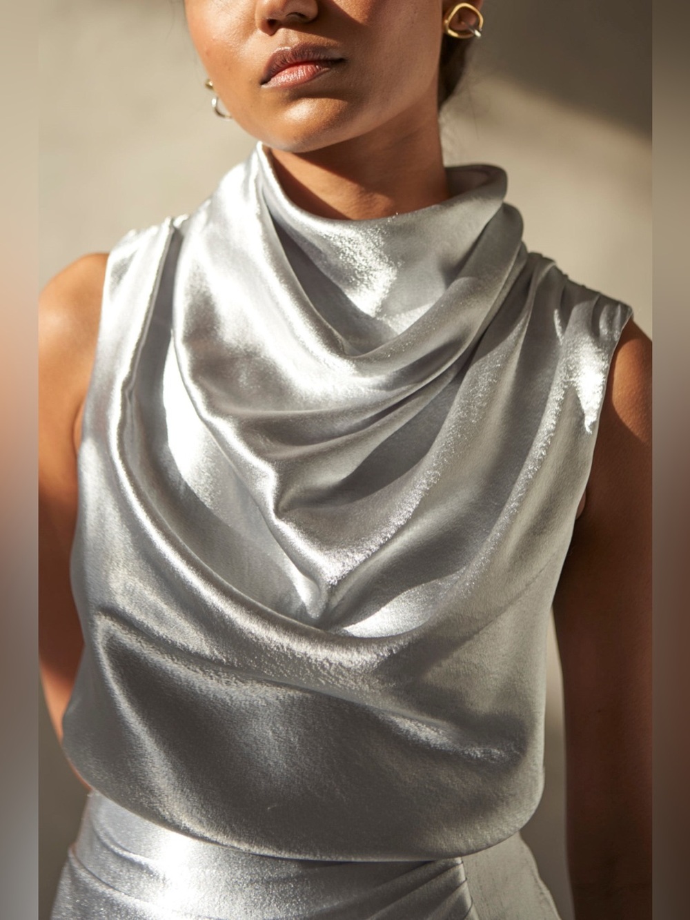 AiiFOS Leah Silver Satin Drape Cowl Neck Top. Medium.